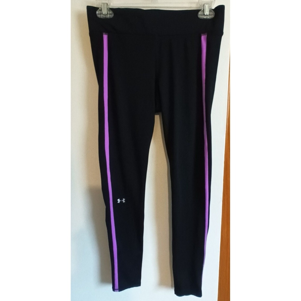 Under Armour Womens‎ Black Leggings w Purple Stripe - Size M